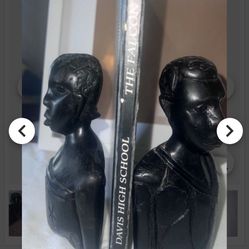 Vintage African Hand-Carved Ebony Head Man and Woman Bookends