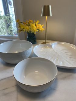2 Pottery Barn "Roxy" Gold Rimmed Bowls and Acrylic Leaf Platter
