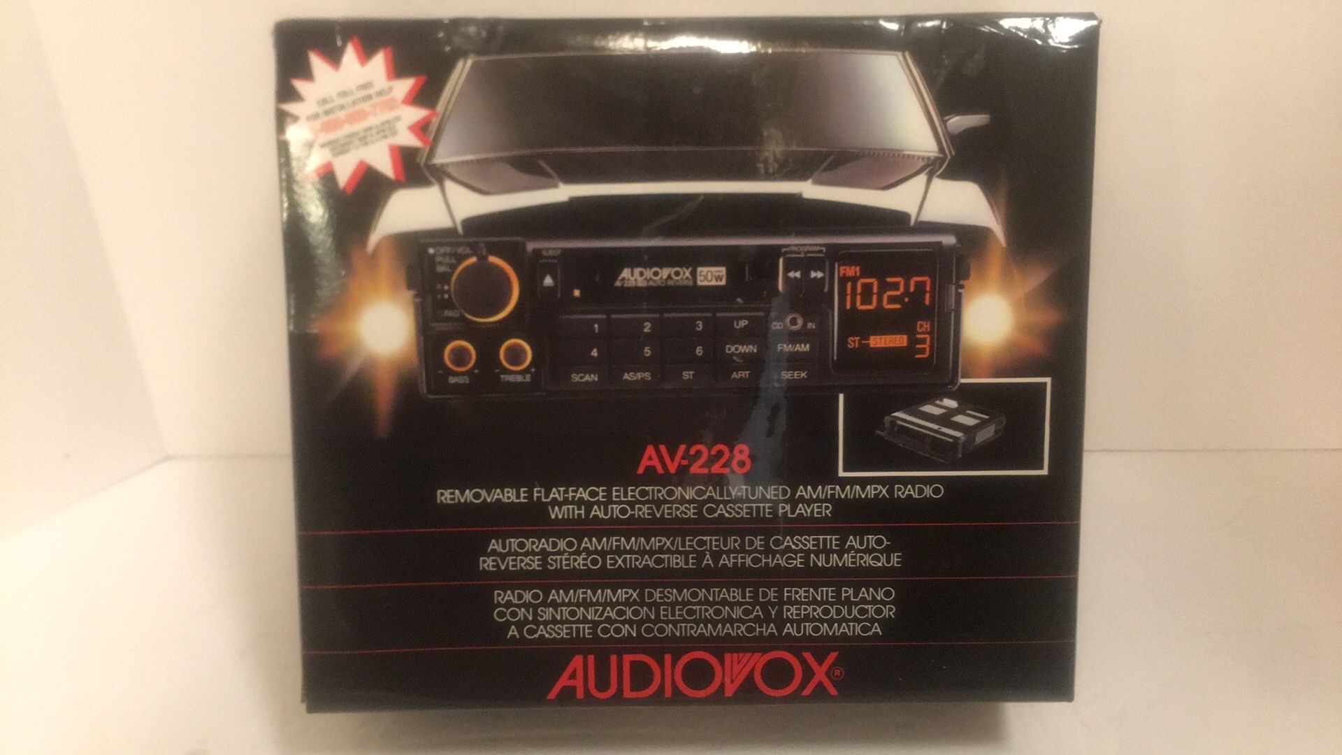 Vintage 1991 (New Old Stock) AV-228 Audiovox removable Flat Face Electronically-Tuned AM/FM/MPX Radio w/ Auto-Reverse Cassette Player & Built-in 50 Wa