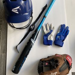 Easton softball helmet Rawlings softball bat Rawlings catchers glove Adidas batting gloves