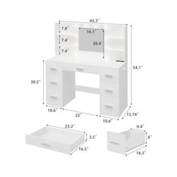 🥨Vanity Desk with Mirror, LED Lights and Power Outlet Makeup Vanity Table with 7 Drawers and 6 Storage Shelves Dressing Table
