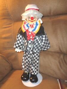 Vintage CLOWN Doll 15" Bisque Porcelain Black Checker Suit Collectors Choice