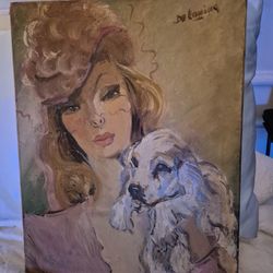 French Lady w/ Dog Painting Circa 1940 France (Signed)
