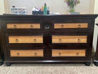 Solid wood & wicker 6 drawers dresser and 2 nightstands