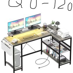L Shaped Computer Desk 50IN Gaming Desk Writing Desk with Power Outlets & LED Light Office Desk with Storage Shelves, Gaming Desk with Monitor Shelf, 