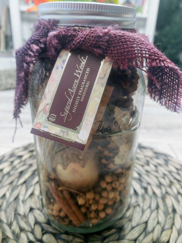 Sugared Acorn woods Potpourri In 9 Inch Mason Jar