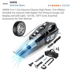 VARSK 4-in-1 Car Vacuum Cleaner High Power, Tire Inflator Portable Car Vacuum with Digital Tire Pressure Gauge LCD Display and LED Light, 12V DC, 15FT
