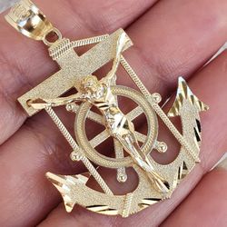 Diamond cut solid 10k gold Jesus crucifix Anchor pendant charm 1.75 inch mariner