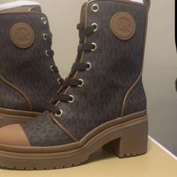 Michael Kors Brown Logo Combat Boots with Textured Fabric and Chunky Heel 7
