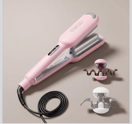 TYMO ROVY Beach Waves Hair Curler Ionic Curling Wand, 3 Barrel Crimper Hair Tool for Women, Dual Voltage, Anti-Scald, Easy to Use, Pink, 1.25 Inch