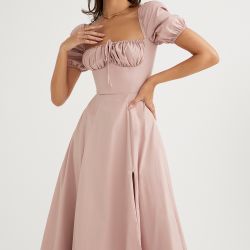 BLUSH PUFF SLEEVE MIDI DRESS