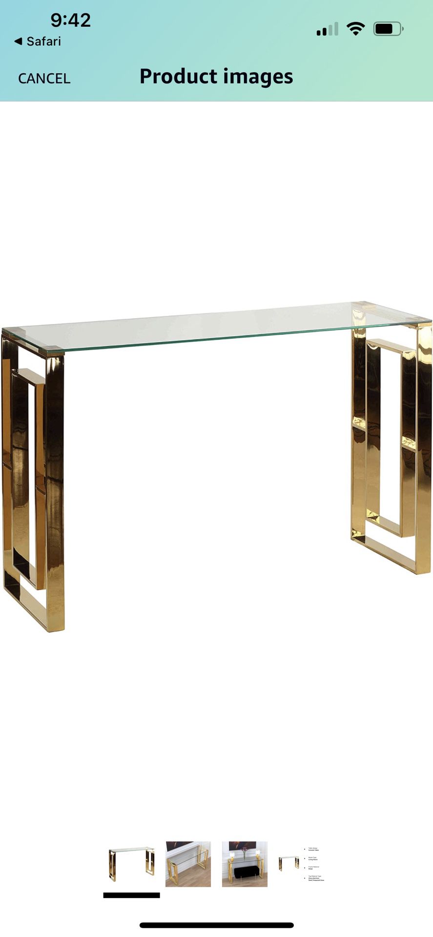 Cortesi Home Laila Console Table in Gold Stainless Steel and Clear Glass 47 Retail Price: $279.99.