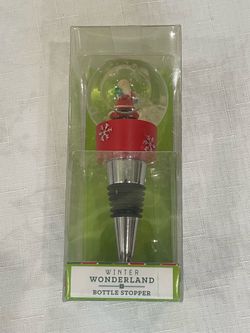 Boxed Winter Wonderland holiday snow globe wine bottle stopper.