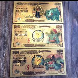 24k Gold Foil Plated Bulbasaur Evolution (Pokemon) Banknote Set (