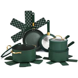 Thyme & Table 12-Piece Non-Stick Cookware Set, Pots and Pans Set - Green, Granite Collection