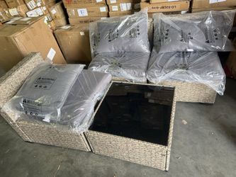 🔥 New 4pc Outdoor Wicker Patio Set - Grey Cushions - $199  Brand new 4-piece patio set: 3 chairs + 1 glass-top coffee table. All-weather wicker frame