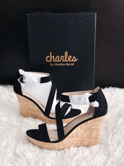 ✨ New CHARLES by CHARLES DAVID Leanna Cork Wedge Sandals Black Womens Shoes Size 10M