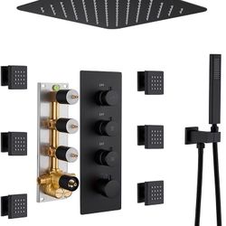 12 In Thermostatic Shower System, Ceiling Mounted High Pressure Shower Head with Handheld,6 Body Jets, Bathroom Shower Faucet Set in Matte Black