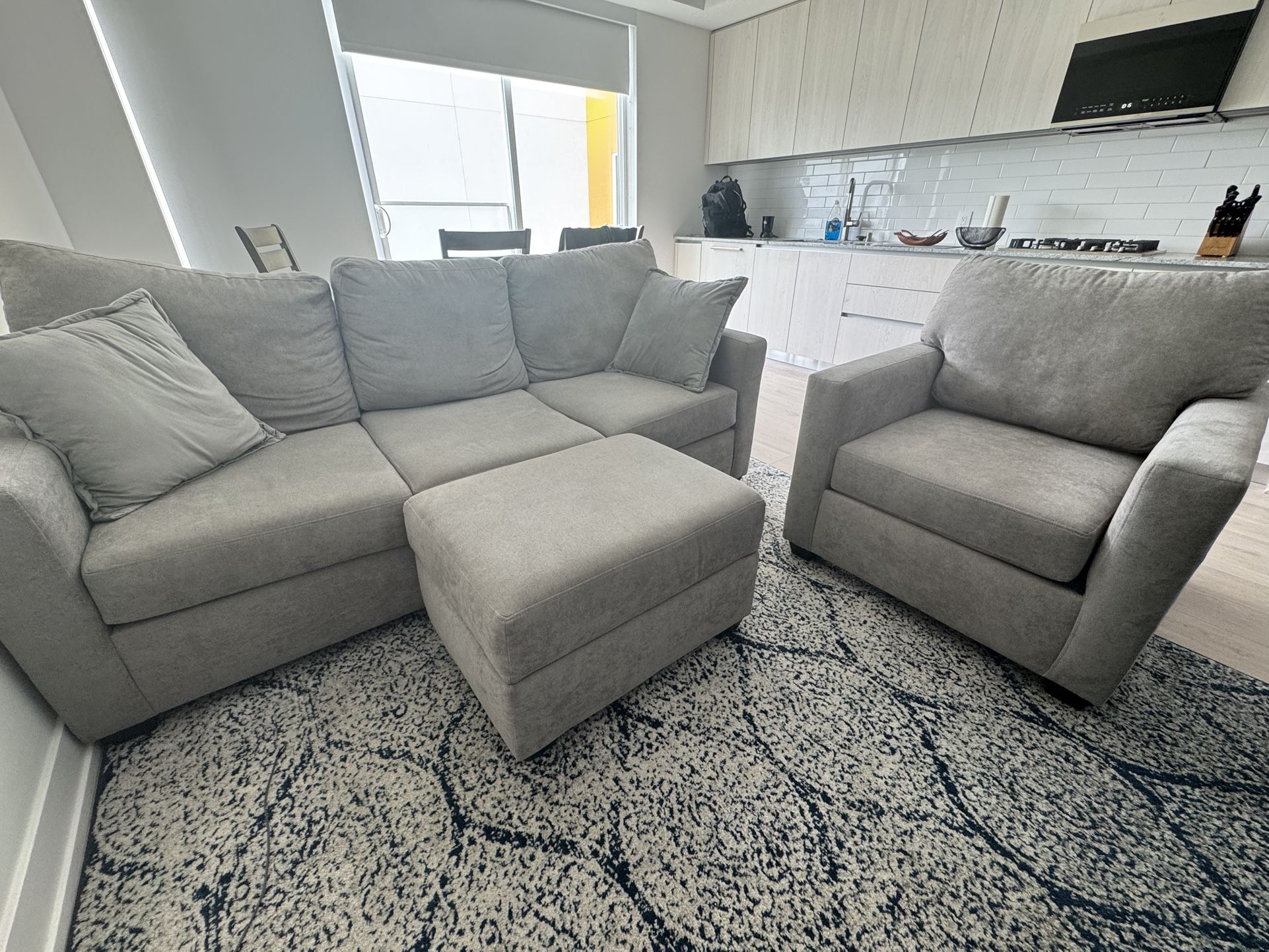 Living Spaces Couch w. Queen-Sized Pull-Out Bed; Matching Storage Ottoman & Chair