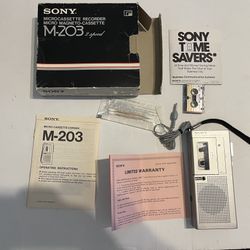 Vintage Sony M-203 Handheld Micro Cassette Corder Powers On for parts w/package
