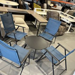 New - Blue Folding Patio Chairs and Round Table Set for Outdoor