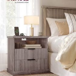New Bedside Fluted Table Nightstand with Charging Station Mid Century Modern Side End Washed Gray