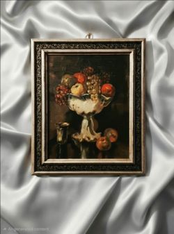 Vintage Oil Painting Depicting Classical Still Life with A Pedestal Fruit Bowl