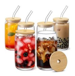 [ 6pcs Set ] Glass Cups with Bamboo Lids and Glass Straw - Beer Shaped Drinking Glasses, 16 oz Iced Coffee Glasses, Cute Tumbler Cup for Smoothie, Bob