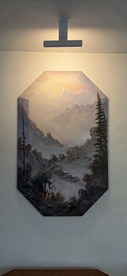 Original Landscape Painting – Misty Mountain Valley Sunrise – 3’10” x 2’4” Octagon Canvas