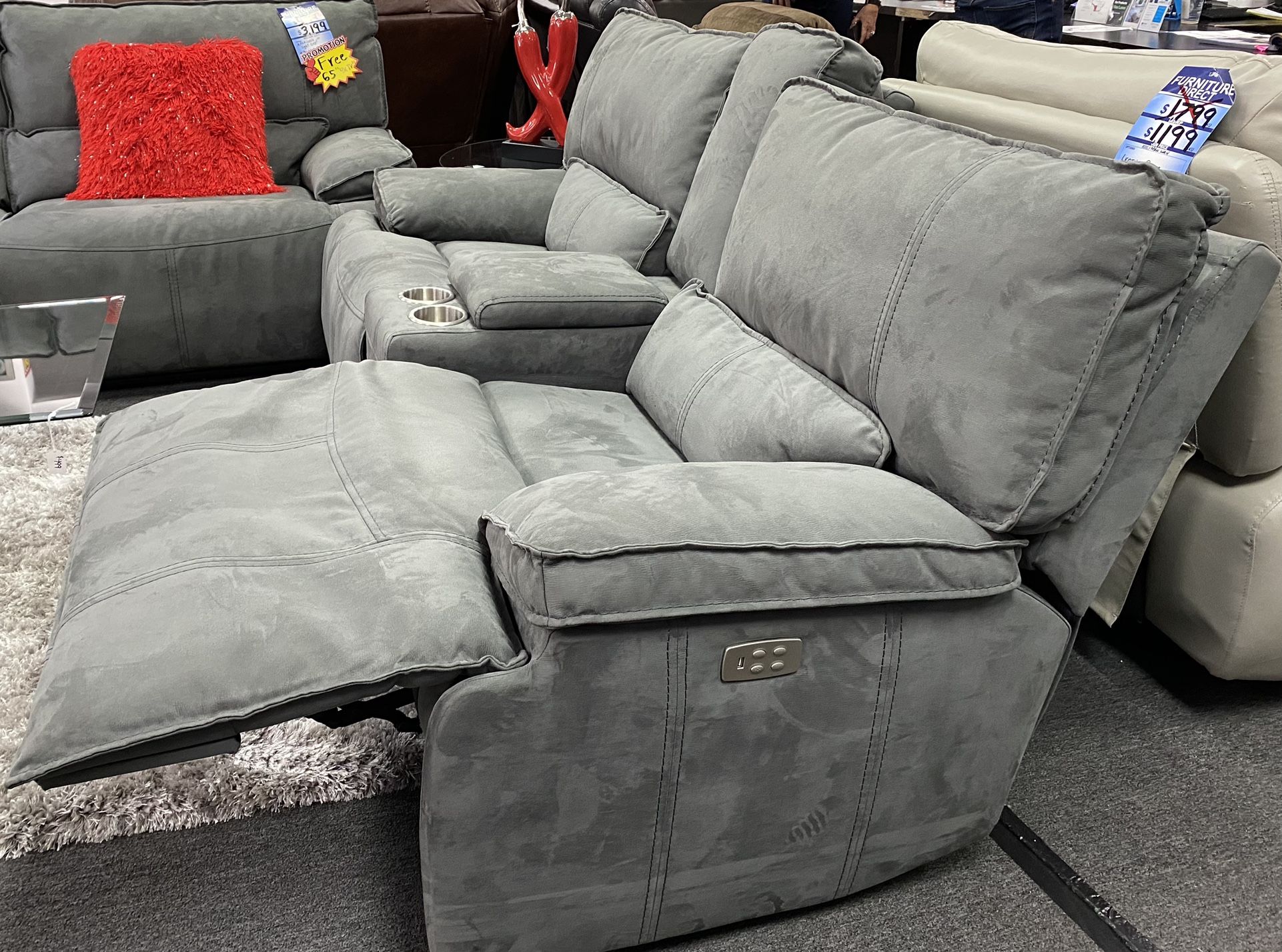 Dark Gray Microfiber Sofa And Love $3,199 W/65inch TV!/ Sofá de microfibra gris oscuro ¡Y ame $3,199 con televisor de 65 pulgadas!