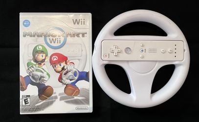 Mario Kart Wii with Wii remote and steering wheel