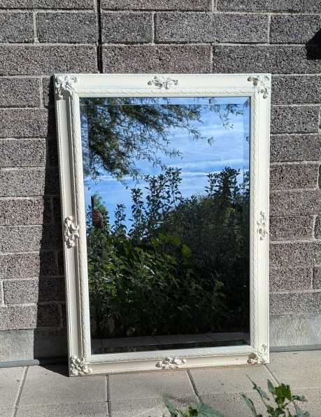 large framed mirror ⚜️ shabby chic, French cottage style, almost 4ft, ivory fleur de lis