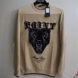 Left Point Beige Panther Crewneck Sweater With Rhinestone Design