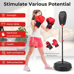 Costway Punching Bag Boxing Toy Set w/Speed Ball&Boxing Gloves 6-Position Adjustable Box Stand Boys & Girls