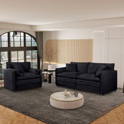 Rochester Modern Chenille Deep-Seat Loveseat and Armchair Set 2-Piece Black