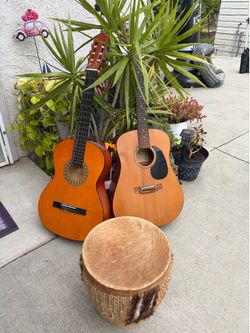 Bently 5101 Acoustic Guitar, Estrella Classical Guitar, and Hand Drum Bundle
