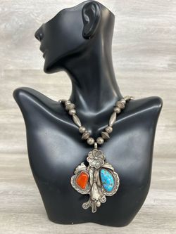 Sterling Silver Necklace – Turquoise & Coral Native Stones (PO1012157)
