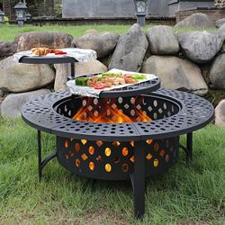 36 Inch Fire Pit with 2 Grills, Wood Burning Fire Pits for Outside with Lid, Poker and Round Waterproof Cover, BBQ& Outdoor Firepit & Round Metal Tabl