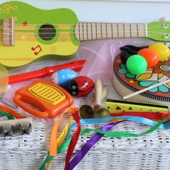 Kids Music Instruments Set #2 - Hape Ukele, Drum, Bells, Streamers, Shakers, Maracas, Harmonica, Recorder, Triangle, Ribbons, Etc. 