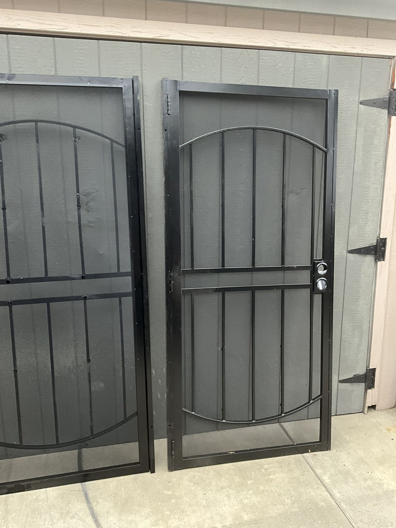 NEW ARCADA DOUBLE DOOR PANEL ,STEEL SECURITY DOOR IN BLACK 72” X 80” With Expanded  Metal Screen