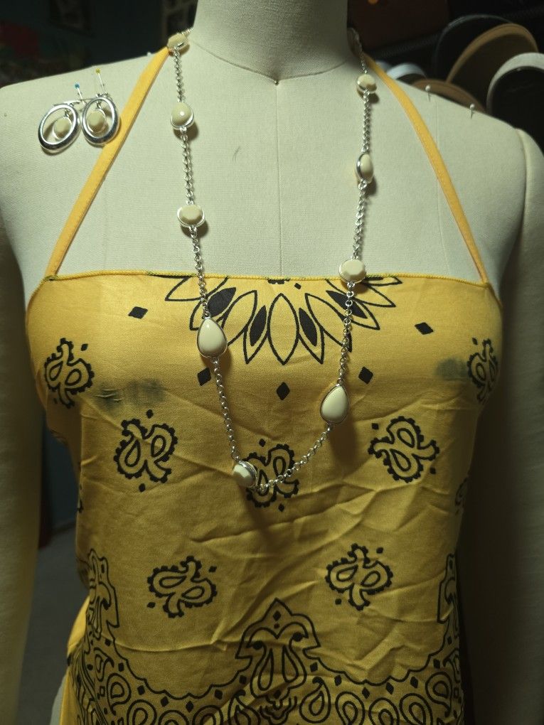 Liz Claiborne's White Long Necklace  With Matching Earrings