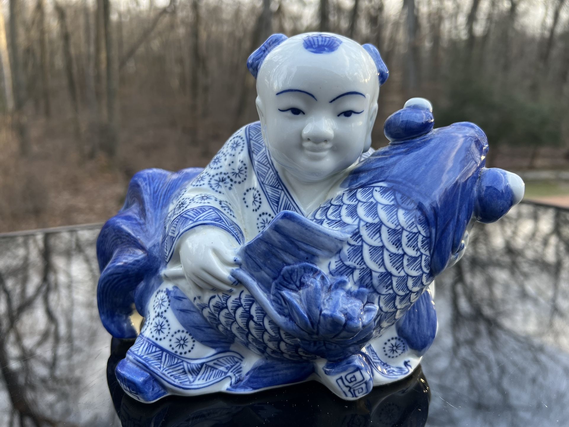 Vintage Ceramic Porcelain Asian Man & Koi Fish Statue Figurine