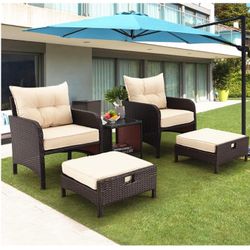  5 Pieces Patio Furniture Set,Outdoor Rattan Chairs with Tempered GlassCoffee Table, Ottomans & Soft CushionsWicker Conversation Bistro Set for Garden