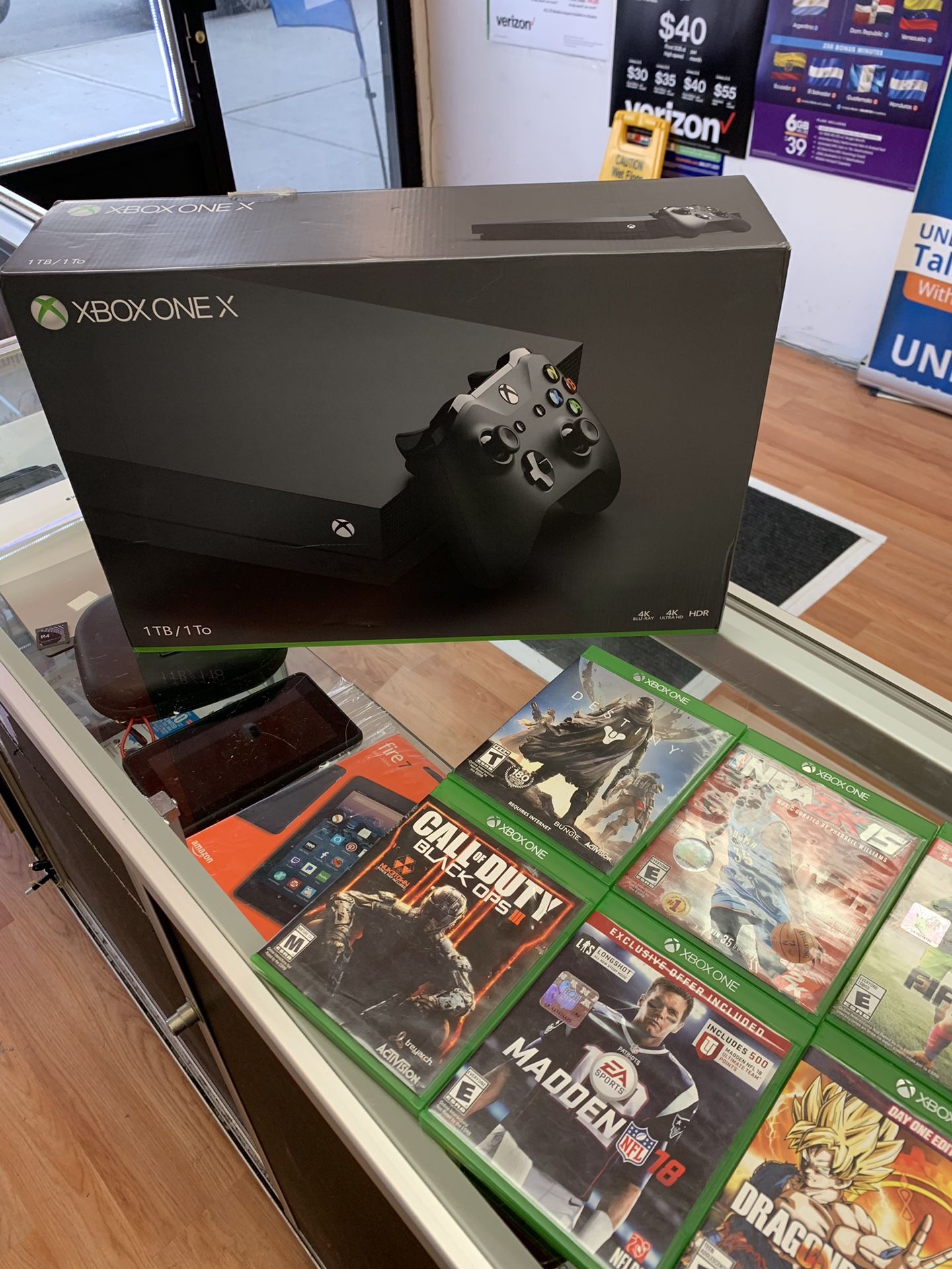Xbox one x with games and controller all wires & box