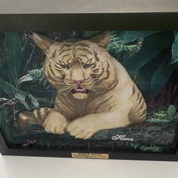 Very unique 1 of a kind 3-D effect beautiful hand sculpted and hand painted White Tiger enclosed in a very expensive shadow box.   Set in a high quali