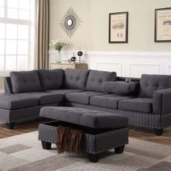 Brand New 108" x 85" Dark Grey Fabric Reversible Sectional + Ottoman