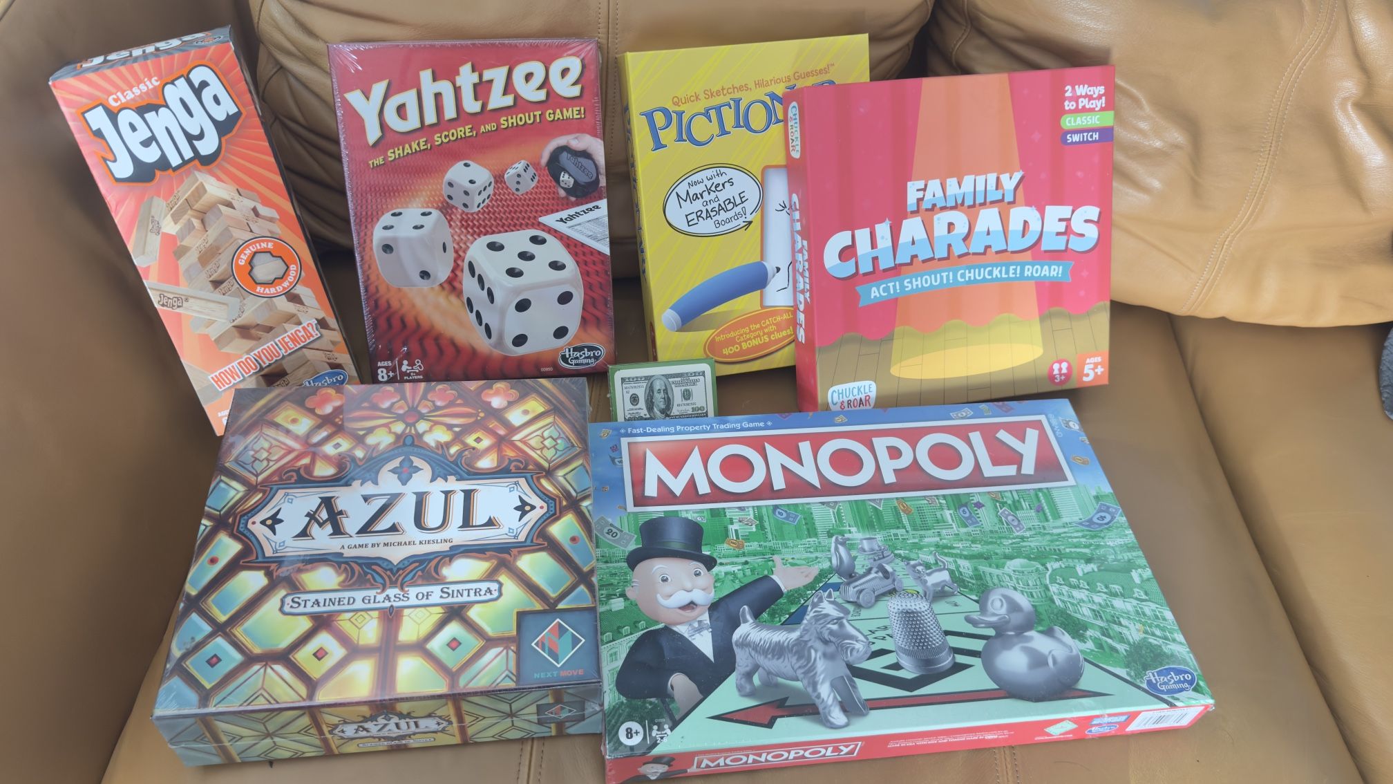 (6) Board games (Azul, Charades, Jenga, Monopoly, Pictionary, Yahtzee)