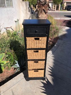 Black Wood Storage Unit with Wicker Baskets