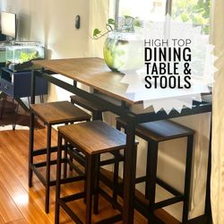 High Top Dining Set - Table with 4 Stools, Black and Brown