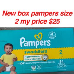 New in box.Pampers size 2 $25  firm cash only pick up only address will be provided when ready to come by